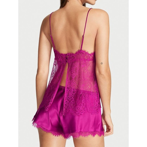 Victoria's Secret Other - Victoria's Secret Satin Lace Pajama Set Women L Magenta Cami Shorts Boudoir Glam